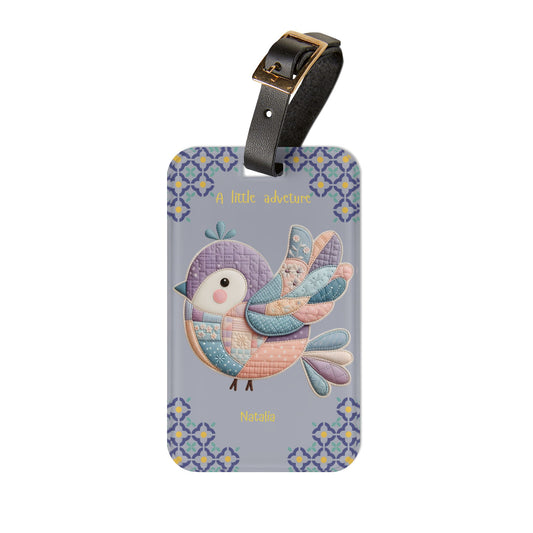 Luggage Tag — Pastel Quilted Bird "A Little Adventure" Personalized Travel Tag