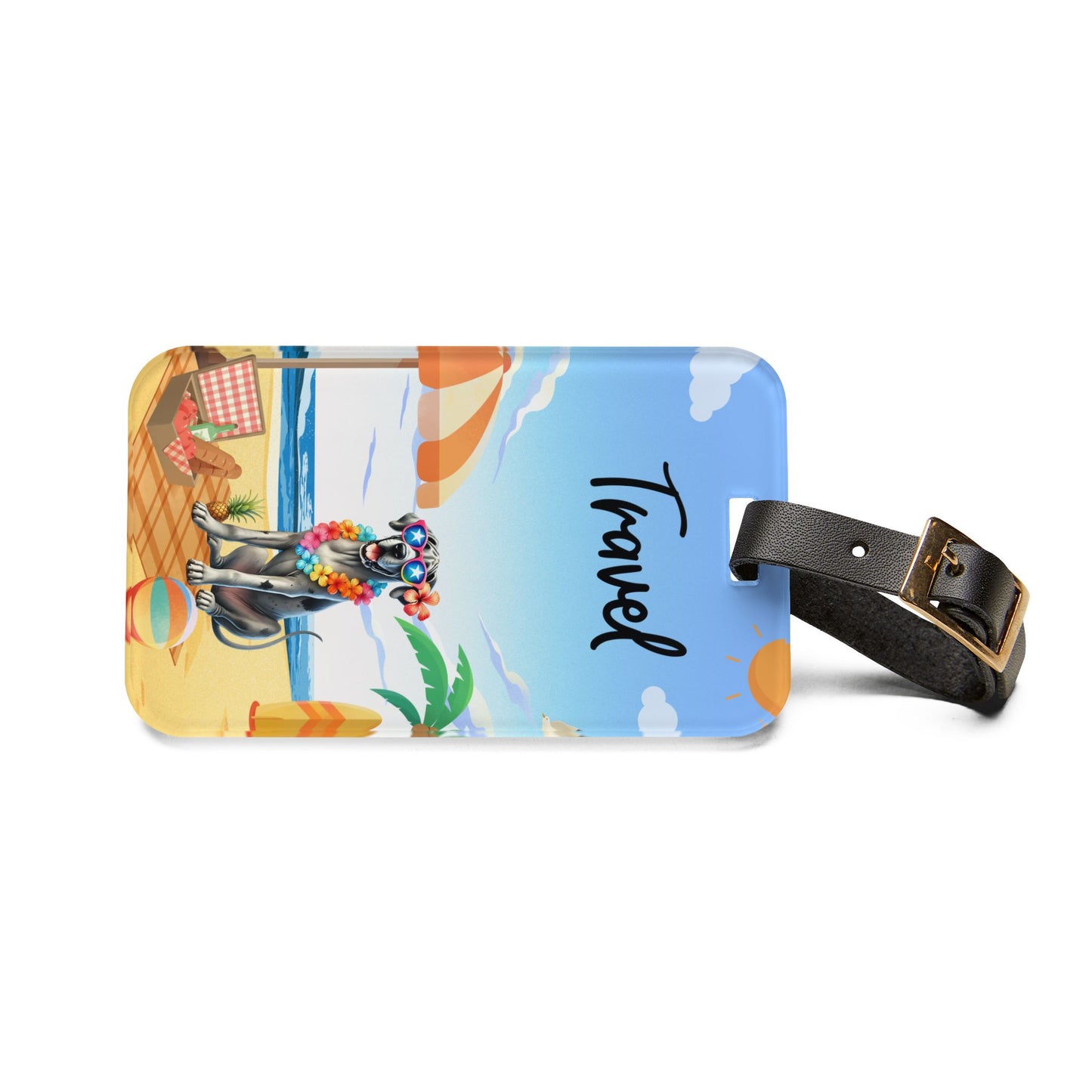 Travel Luggage Tag — Beach Dog Design with 'Travel' Text, Tropical Vacation Identifier