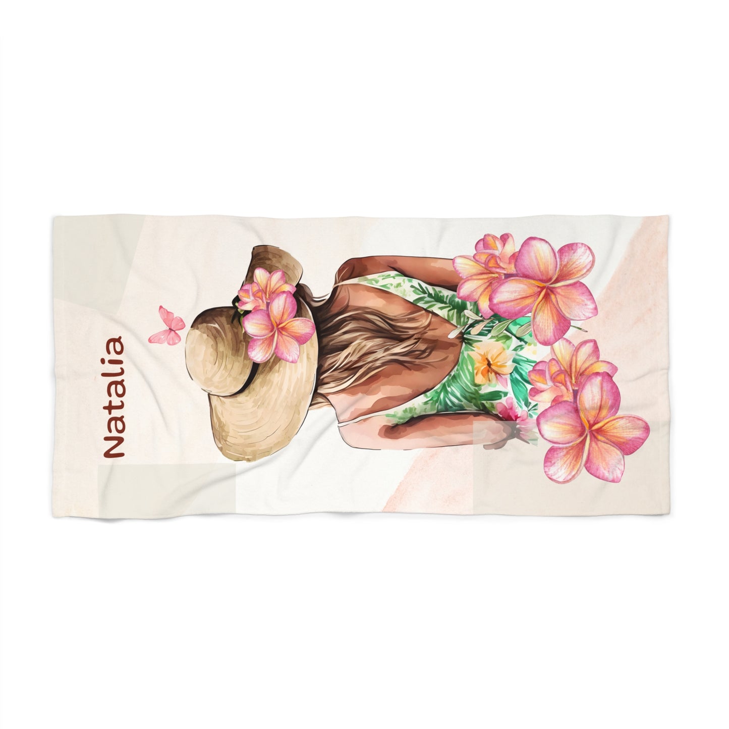 Personalized Tropical Beach Towel – Floral Summer Girl Design (Custom Name)