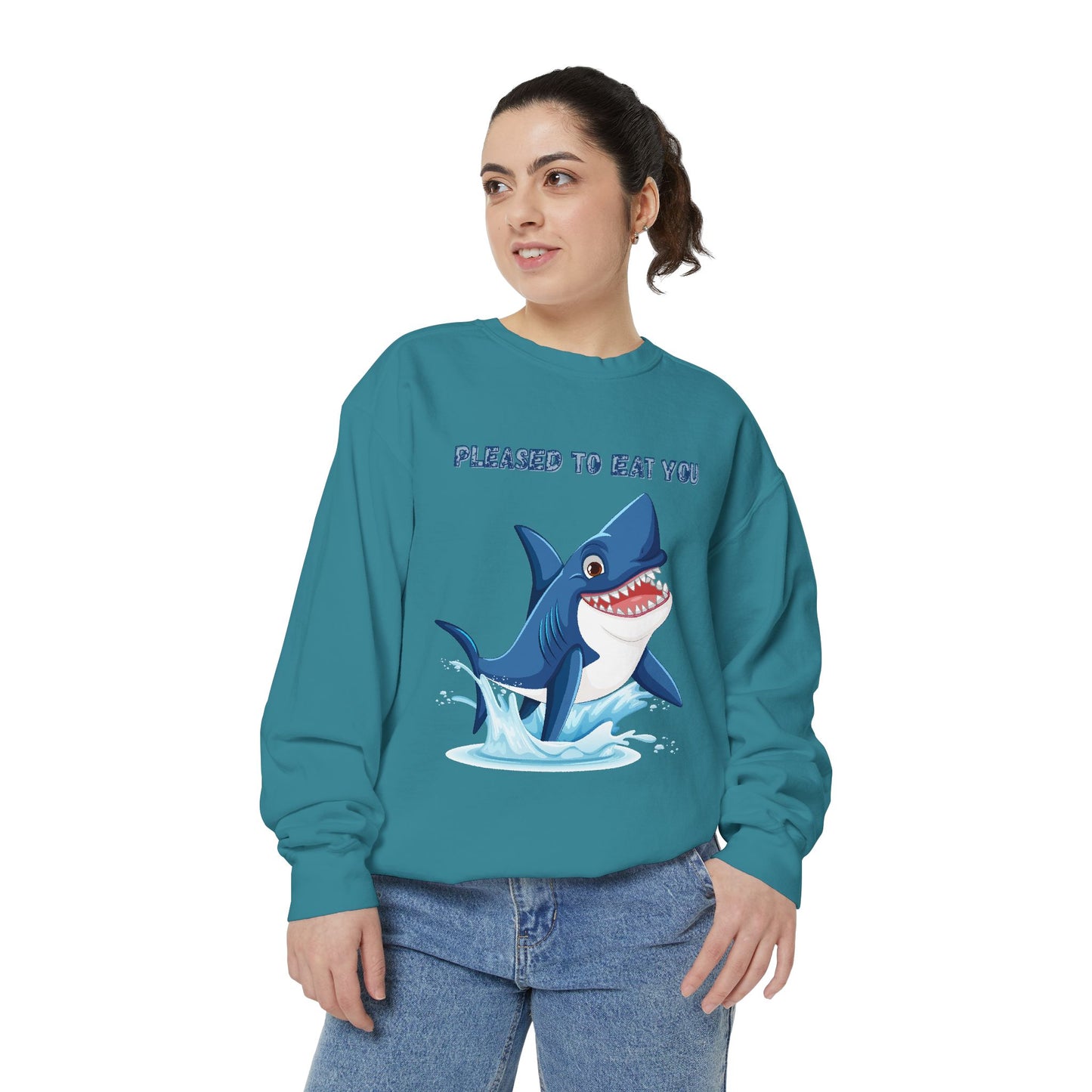Humorous cartoon shark with threatening text Unisex Garment-Dyed Sweatshirt
