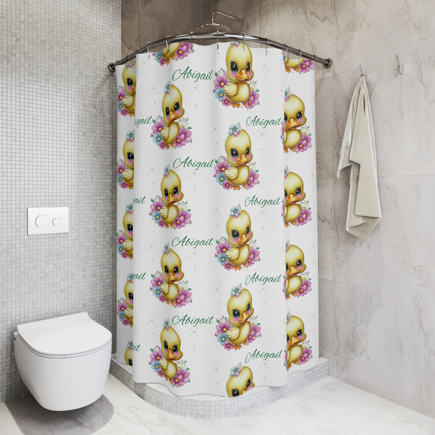 Personalized Baby Duck Shower Curtain — Custom Name ‘Abigail’ Nursery Decor