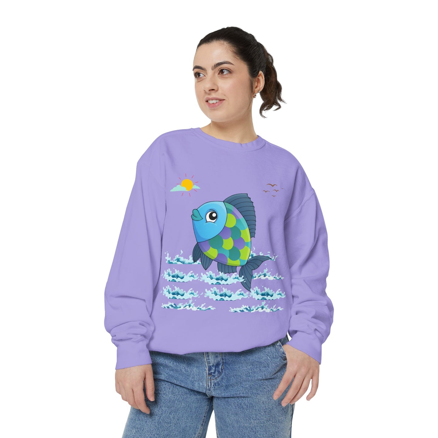 Fish with a sun and birds in the sky above water Unisex Garment-Dyed Sweatshirt
