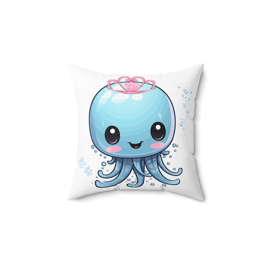 Blue jellyfish with a pink tiara Spun Polyester Square Pillow