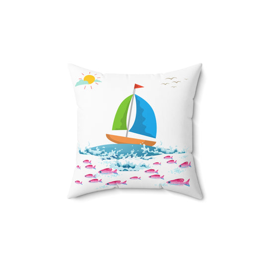 Sailboat and Red fish Spun Polyester Square Pillow