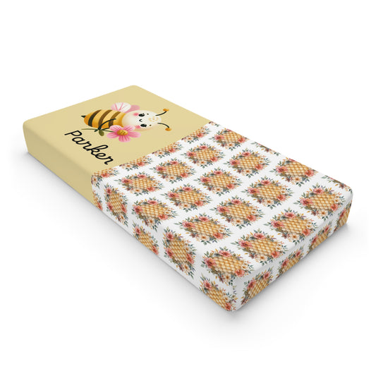 Personalized Bee Baby Changing Pad Cover — Floral Honeybee Nursery Accent