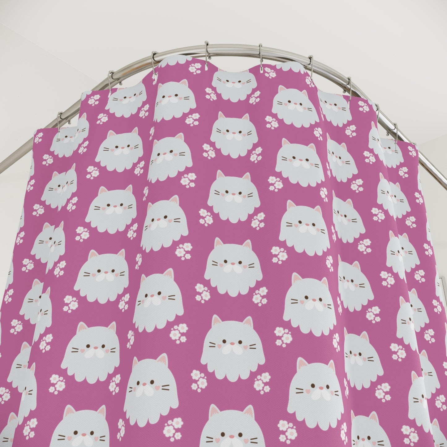 Cute White Kitty Pattern Shower Curtain — Pink Cat Paw Bathroom Decor