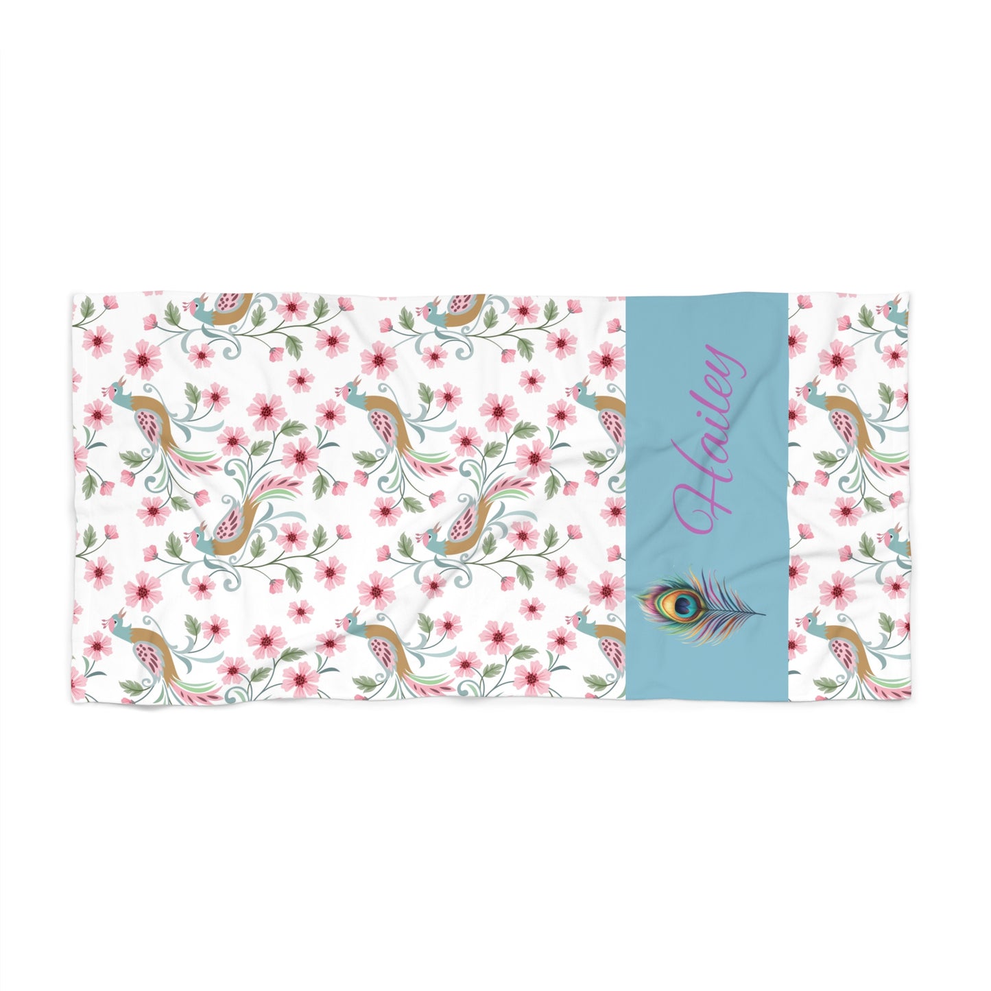 Personalized Floral Peacock Beach Towel — Custom Name Tropical Pool Towel