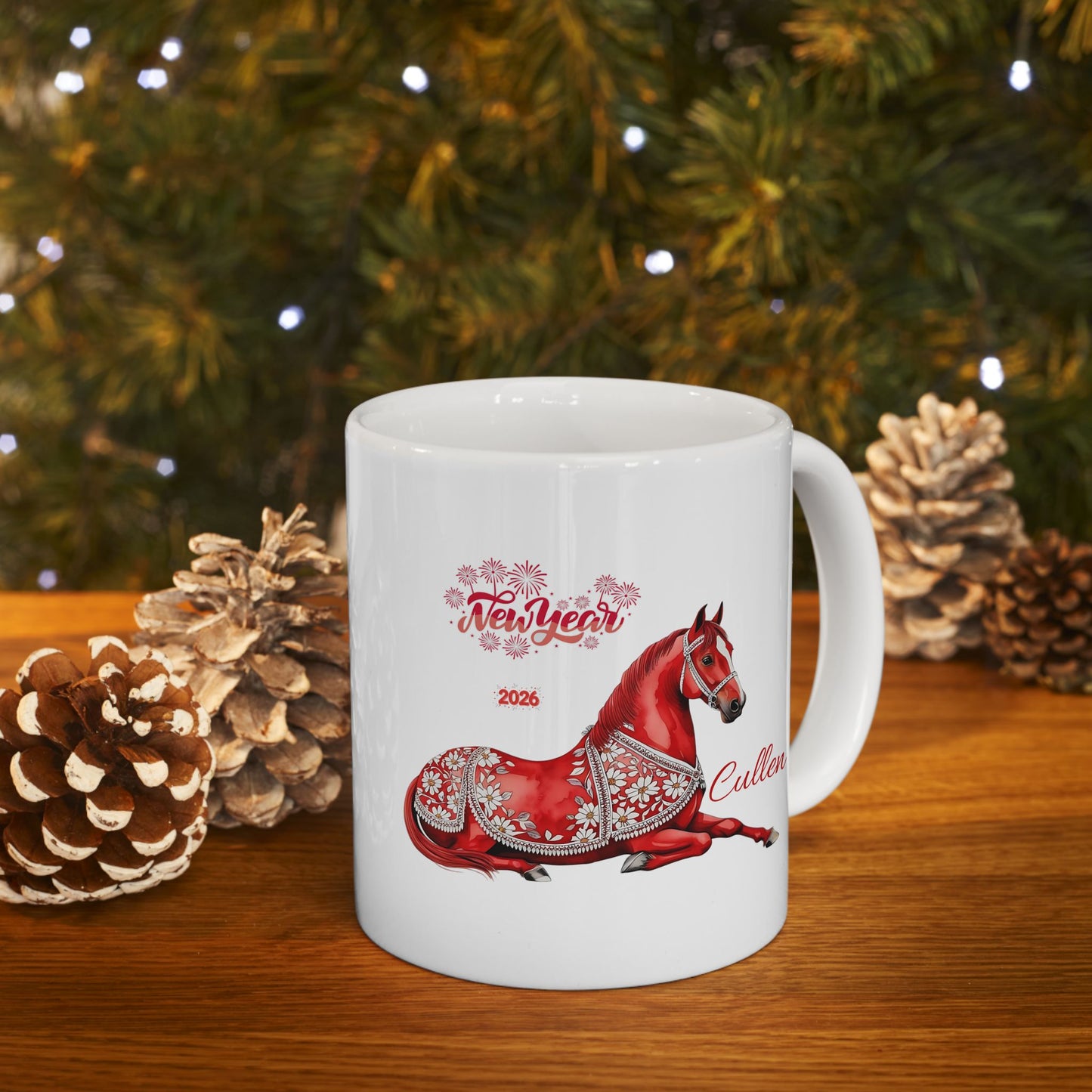 Personalized Red Horse Ceramic Mug — Floral Horse Illustration, Custom Name Option (11oz & 15oz)
