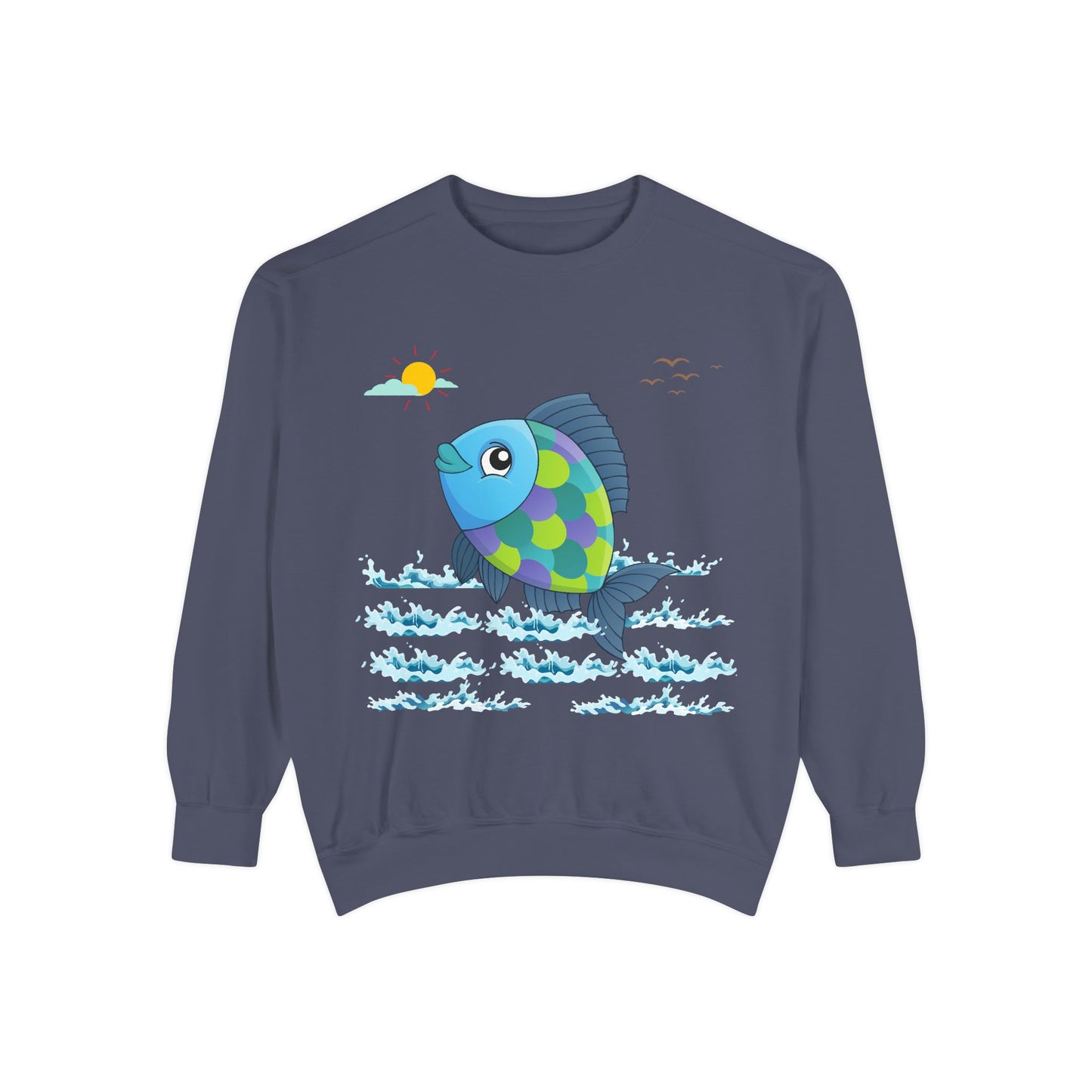 Fish with a sun and birds in the sky above water Unisex Garment-Dyed Sweatshirt