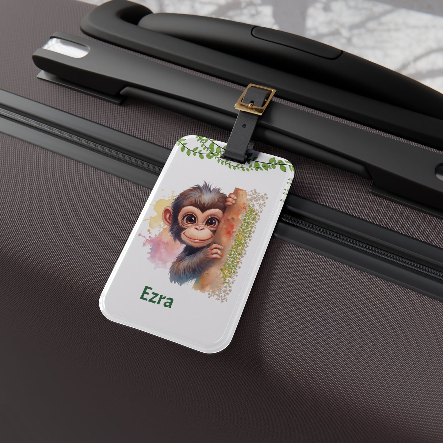 Personalized Monkey Luggage Tag – Cute Baby Chimp Name Travel ID (Ezra)