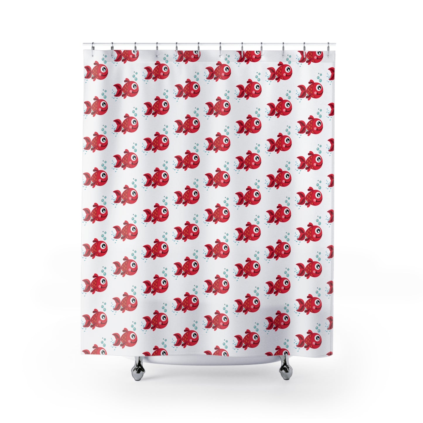 Cute Red Fish Shower Curtain — Playful Cartoon Aquarium Bathroom Decor