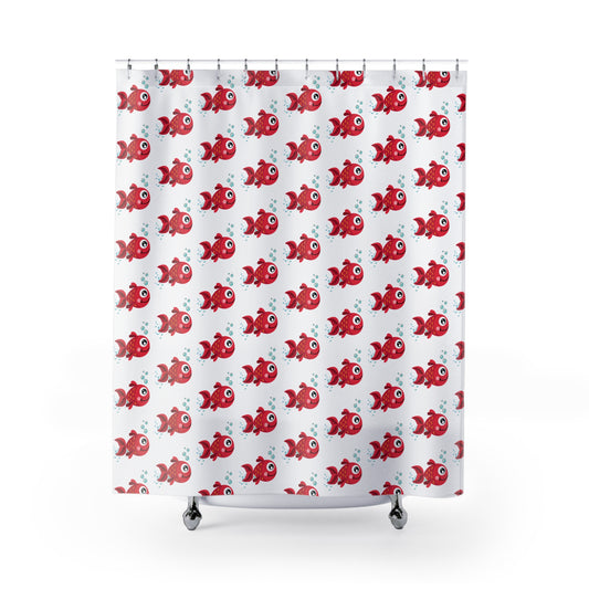 Cute Red Fish Shower Curtain — Playful Cartoon Aquarium Bathroom Decor