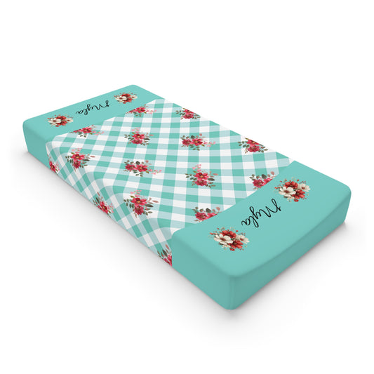 Aqua Gingham Floral Baby Changing Pad Cover — Personalized Name Option