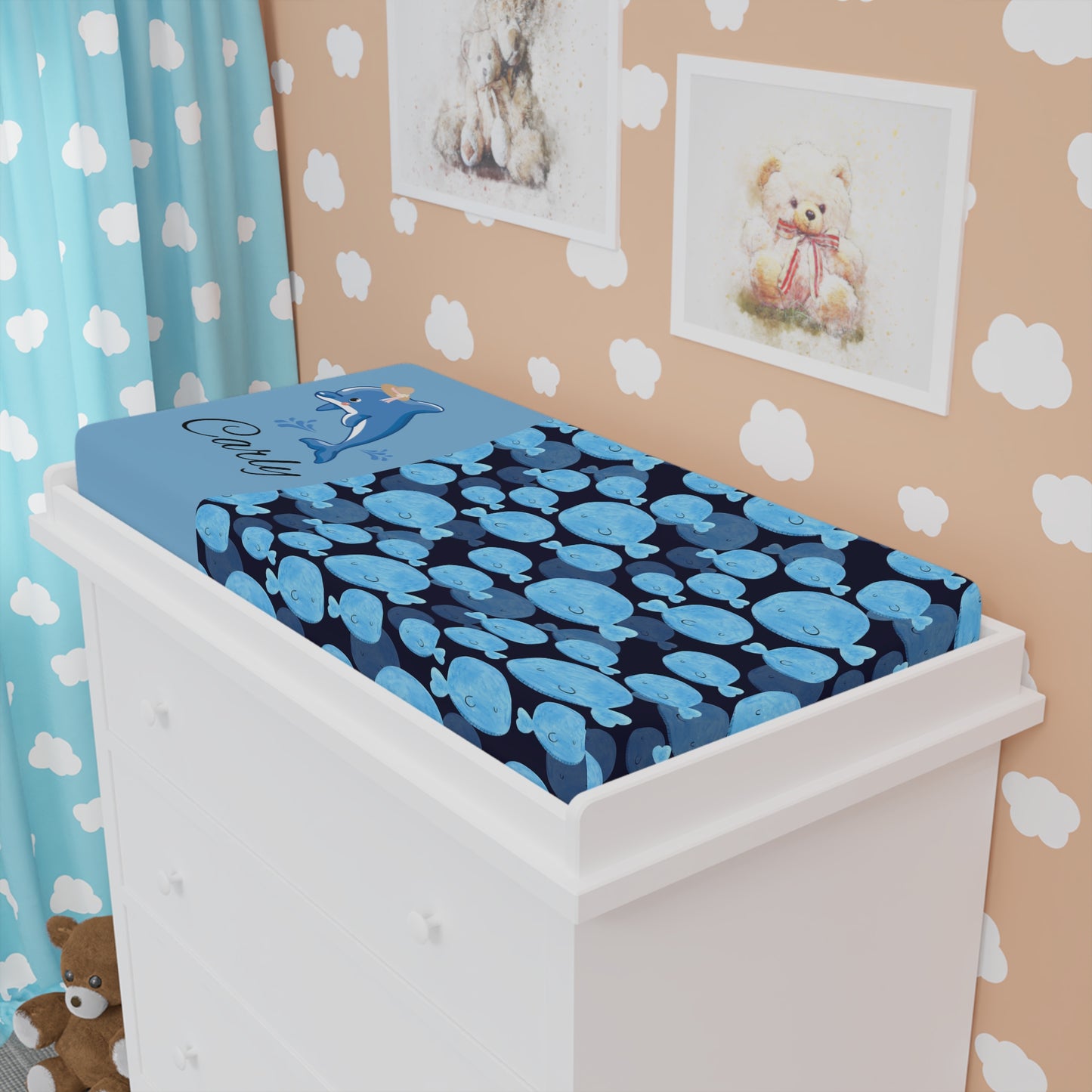 Whale Friends Baby Changing Pad Cover – Personalized Blue Ocean Nursery