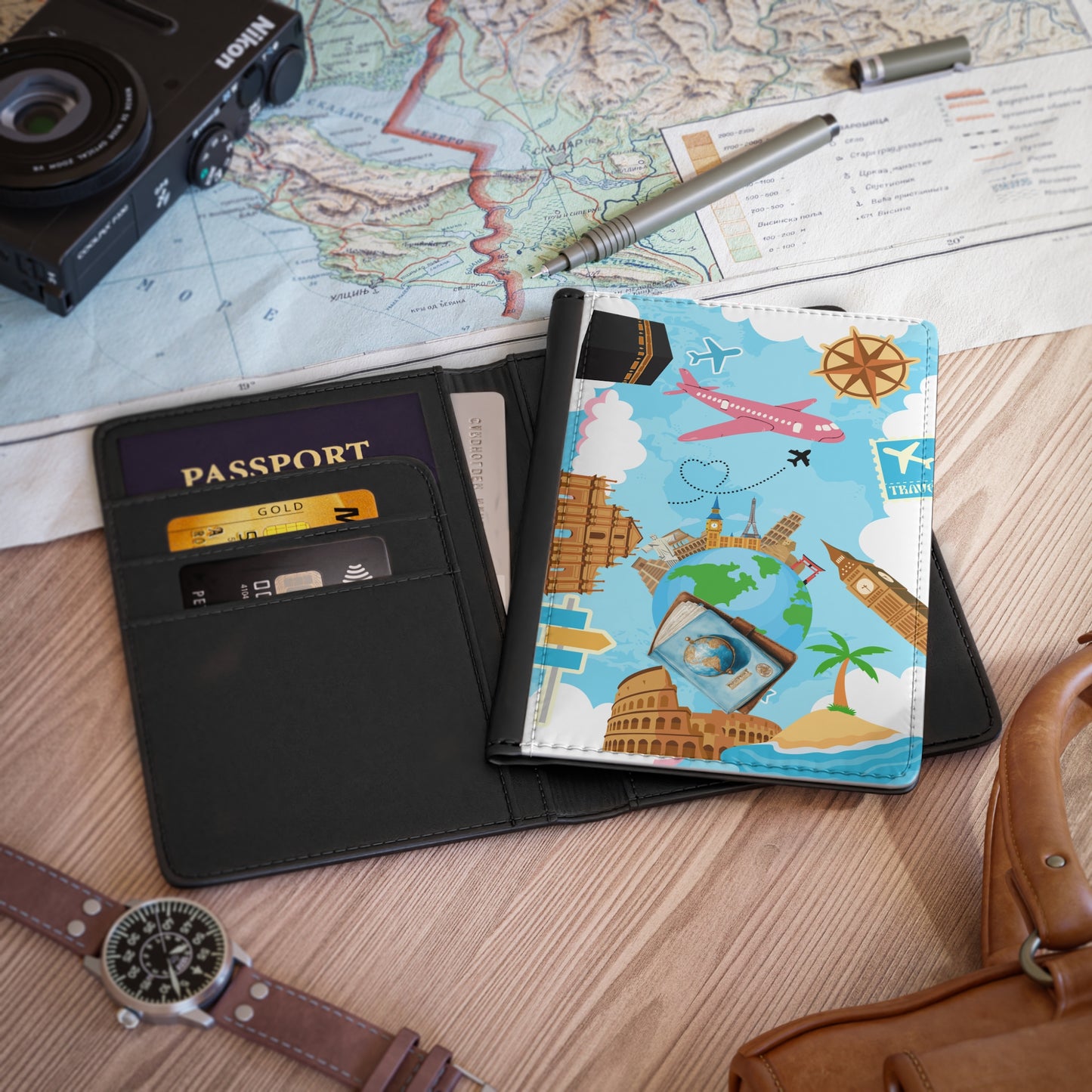 Travel Passport Cover — World Landmarks, Airplane & Beach Travel Wallet