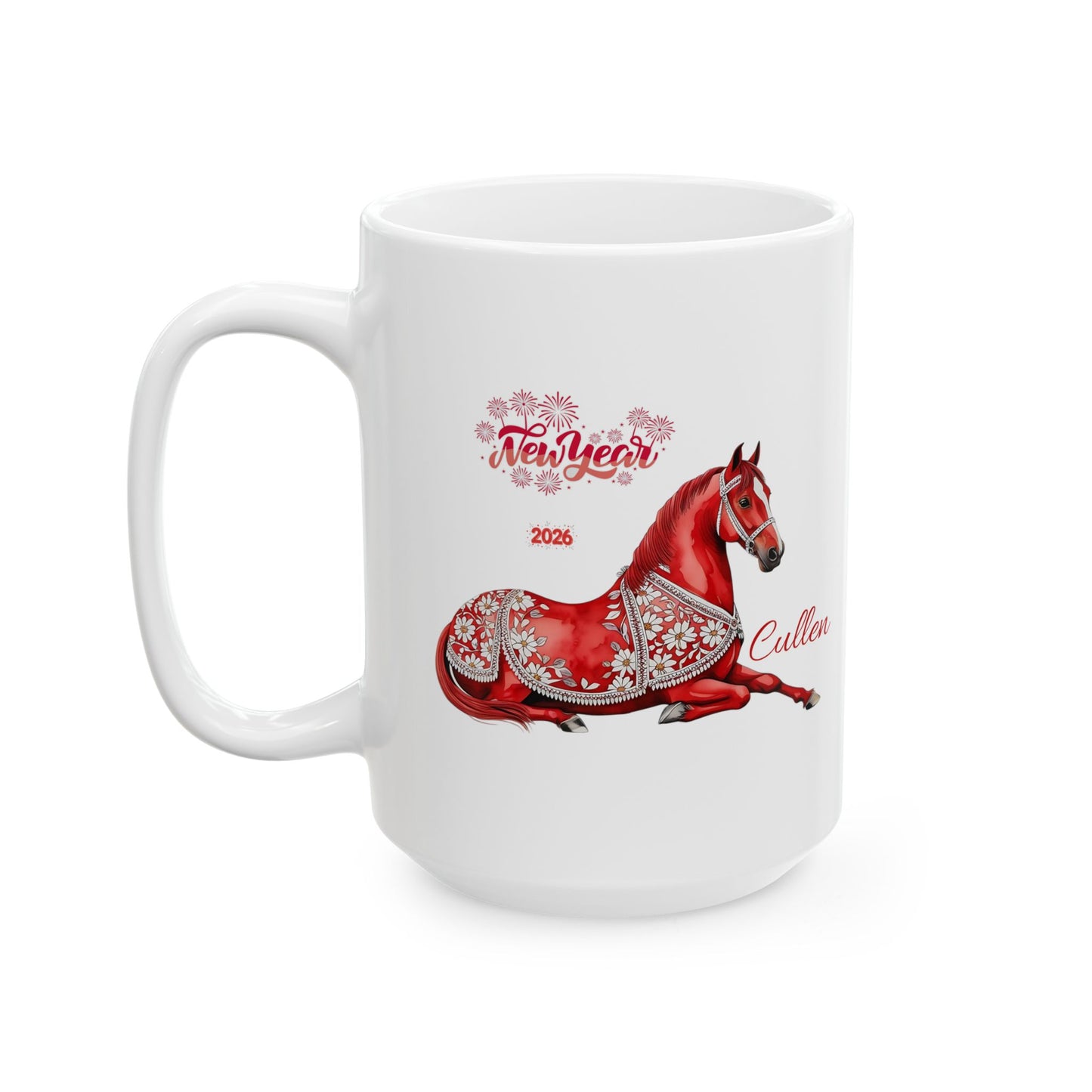 Personalized Red Horse Ceramic Mug — Floral Horse Illustration, Custom Name Option (11oz & 15oz)