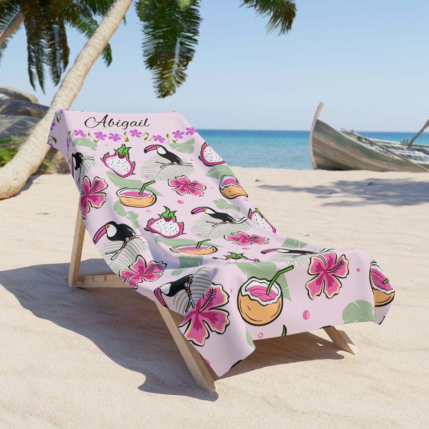 Personalized Tropical Flamingo Beach Towel — Pink Hibiscus & Dragon Fruit Design