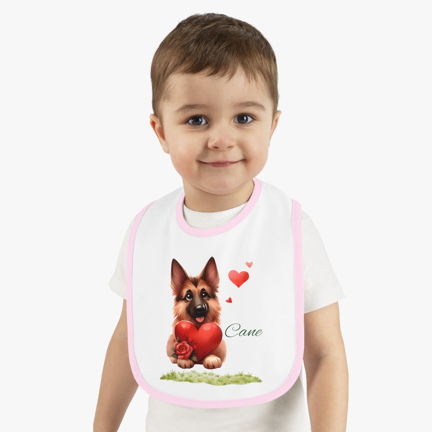 German Shepherd Baby Bib — Cute Puppy Holding Heart Valentine Infant Bib