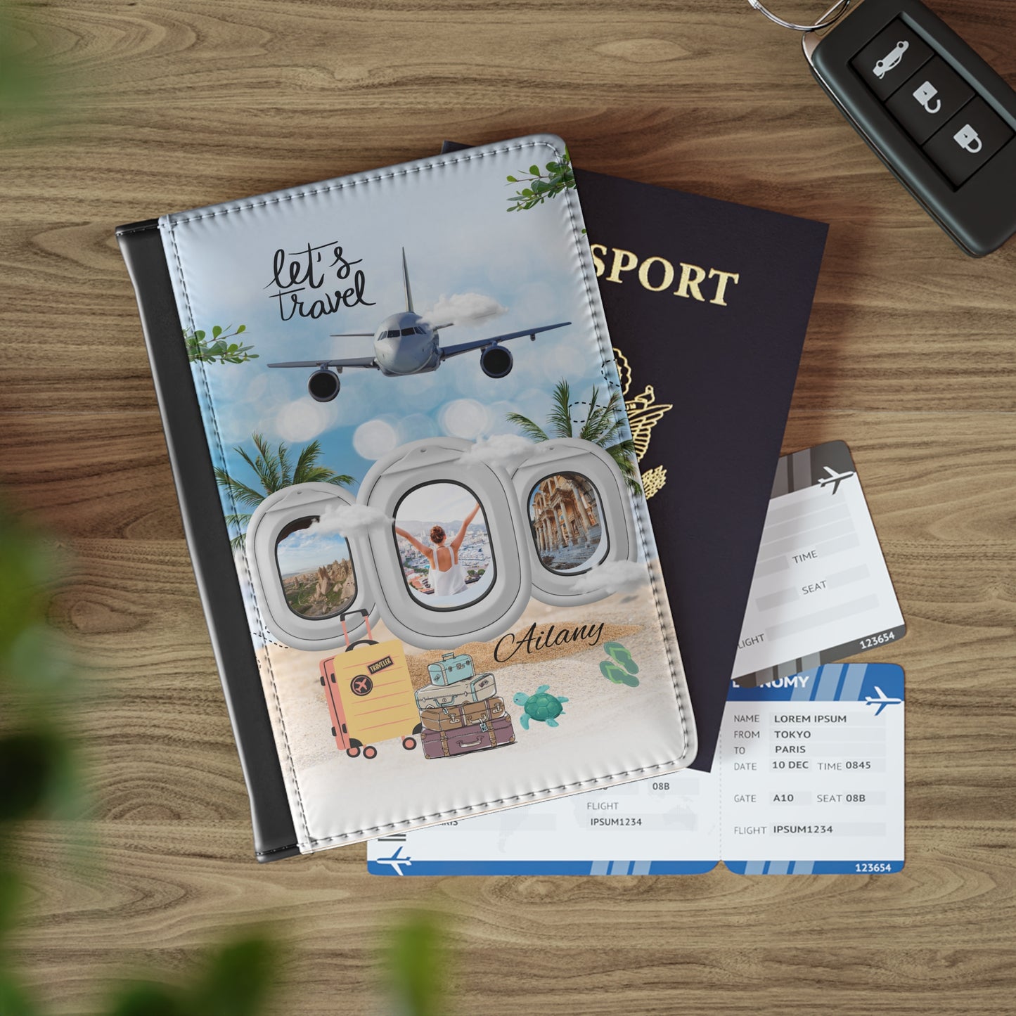 Passport Cover - 'Let’s Travel' Airplane Window Design with Suitcase & Personalized Name