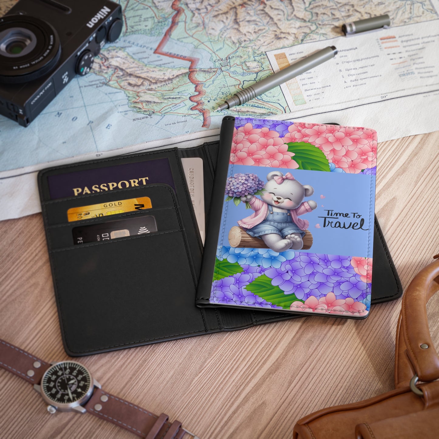 Cute Bear Passport Cover — "Time To Travel" Floral Travel Document Holder
