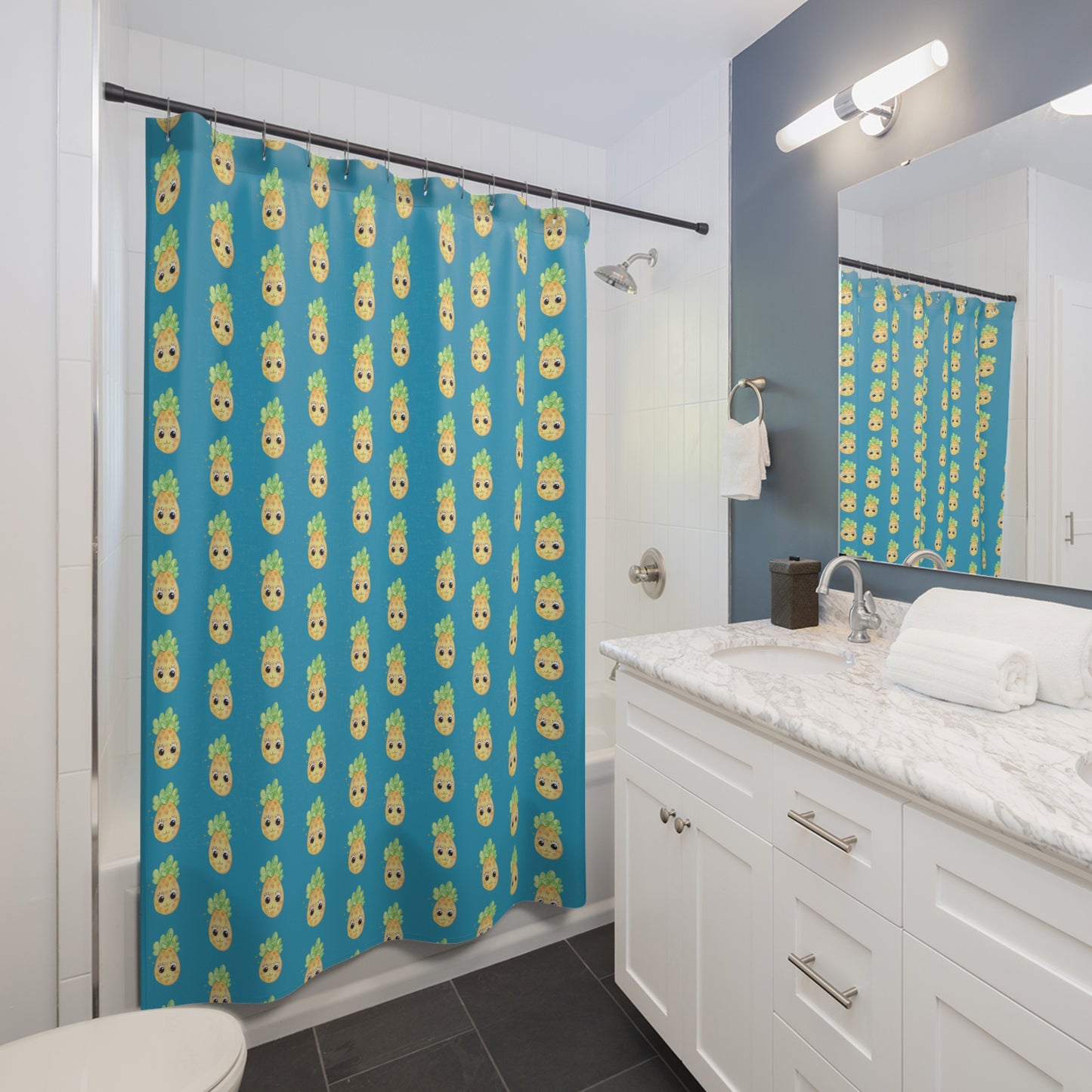 Pineapple Pattern Shower Curtain — Tropical Teal Bath Decor