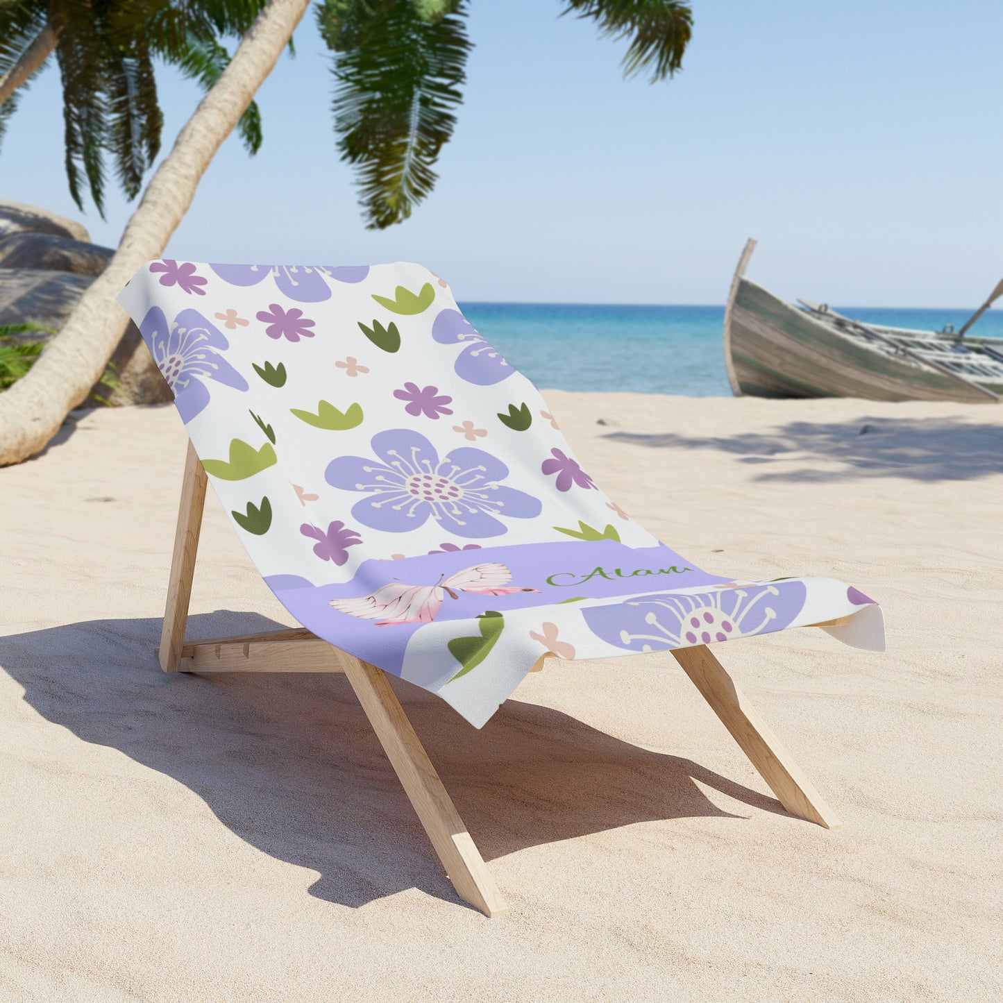 Personalized Floral Beach Towel — Lavender Hibiscus Pattern with Butterfly and Name