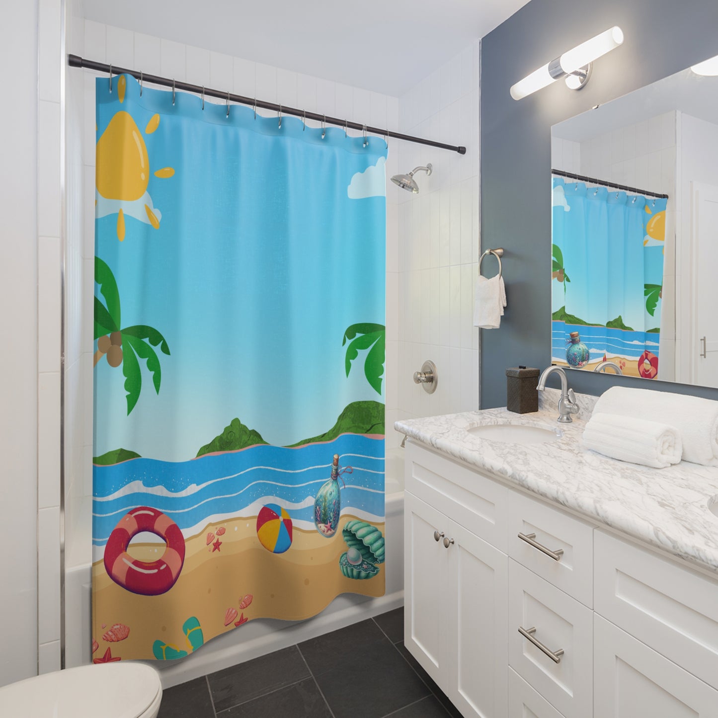 Beach Scene Shower Curtain - Tropical Palm, Seashell & Beach Ball Bathroom Decor
