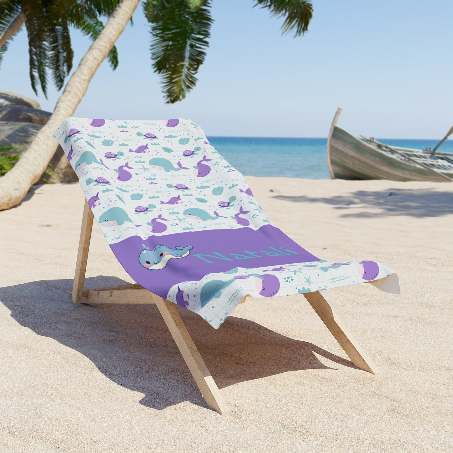 Personalized Narwhal Beach Towel — Cute Purple & Teal Kids Towel with Name
