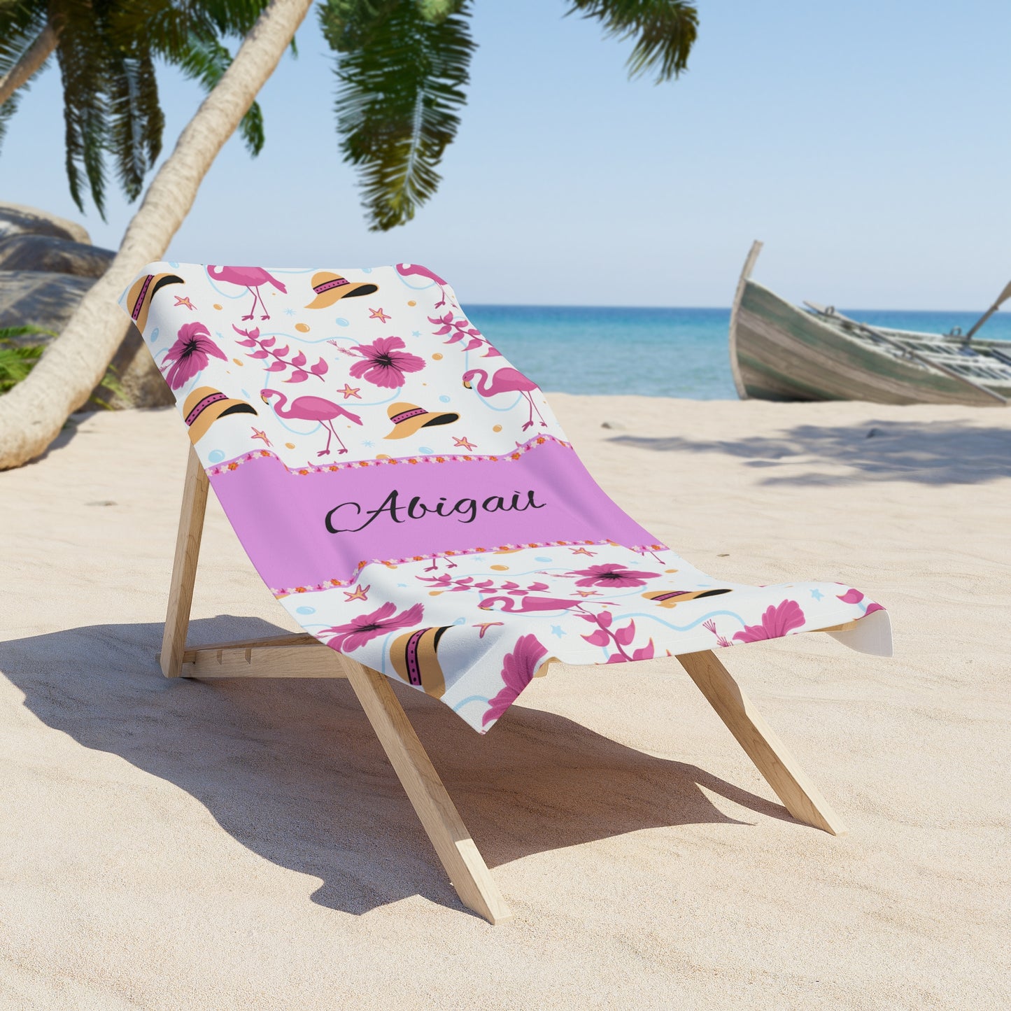Personalized Pink Flamingo Beach Towel — Custom Name Tropical Hibiscus Design