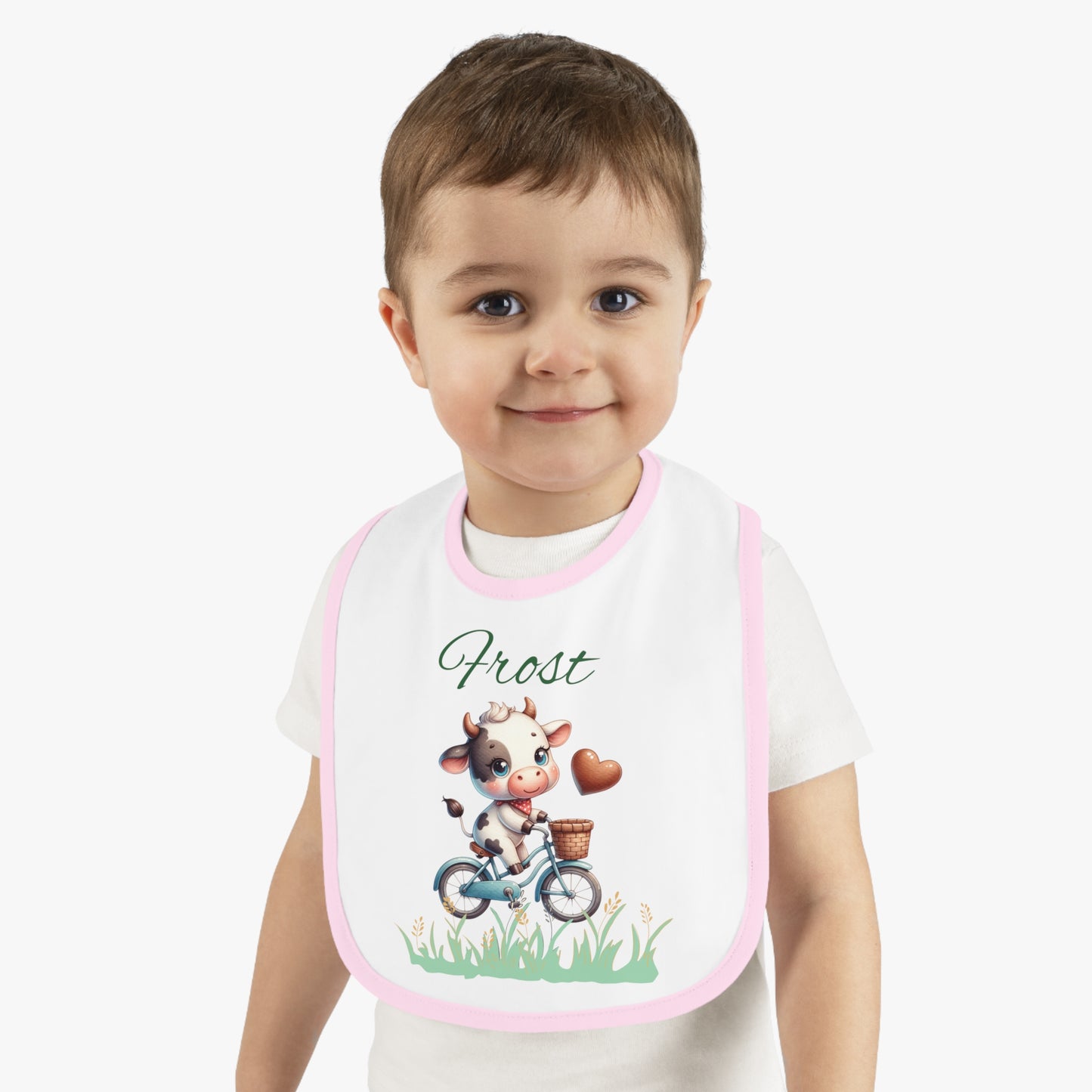 Personalized Baby Bib — Cute Cow on Bike Design with Name 'Frost'