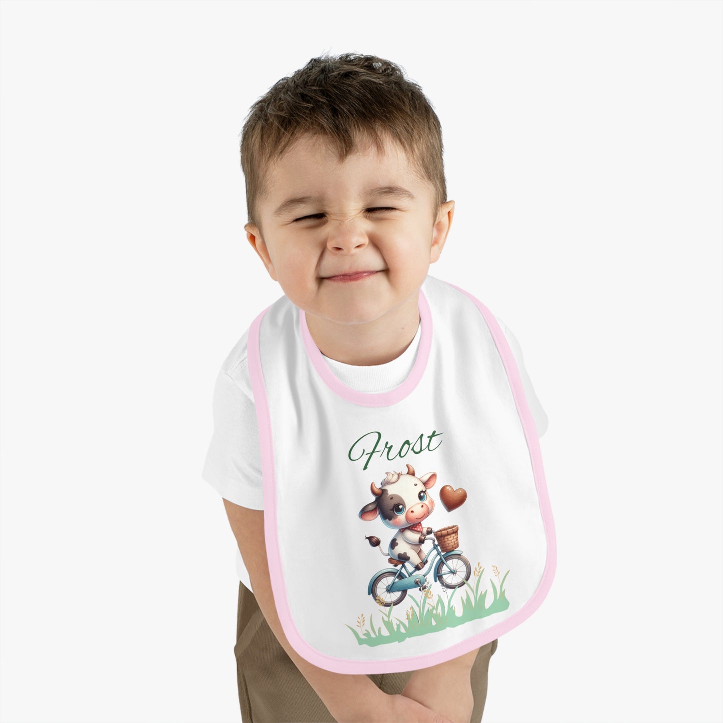 Personalized Baby Bib — Cute Cow on Bike Design with Name 'Frost'