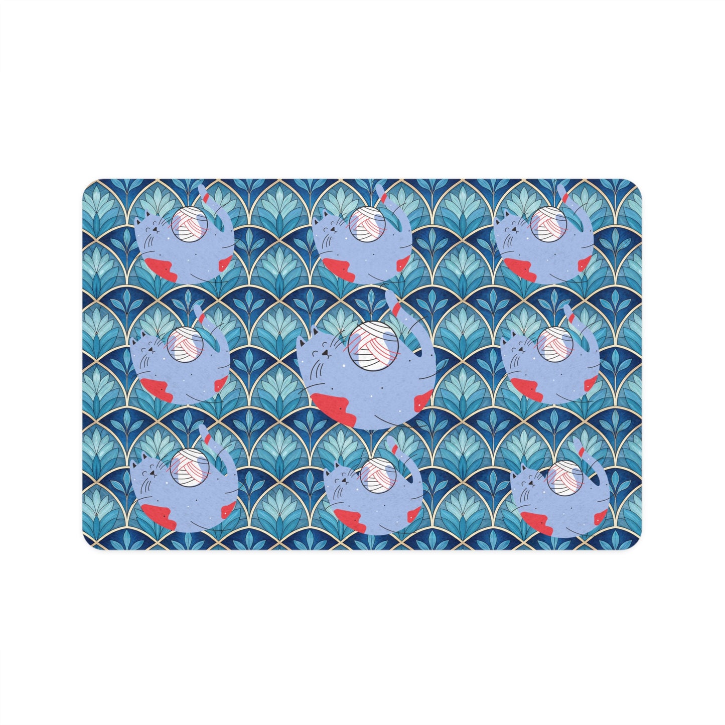 Cat Food Mat — Blue Retro Fish Pattern Pet Feeding Placemat (12x18)