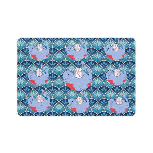 Cat Food Mat — Blue Retro Fish Pattern Pet Feeding Placemat (12x18)