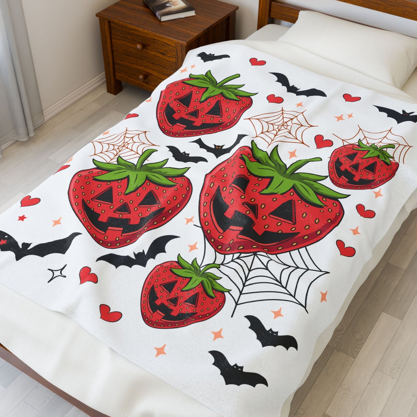 Halloween Strawberry Plush Blanket, Cozy Throw for Fall Decor, Cute Halloween Gift, Spooky Seasonal Blanket, Warm Home Accessory