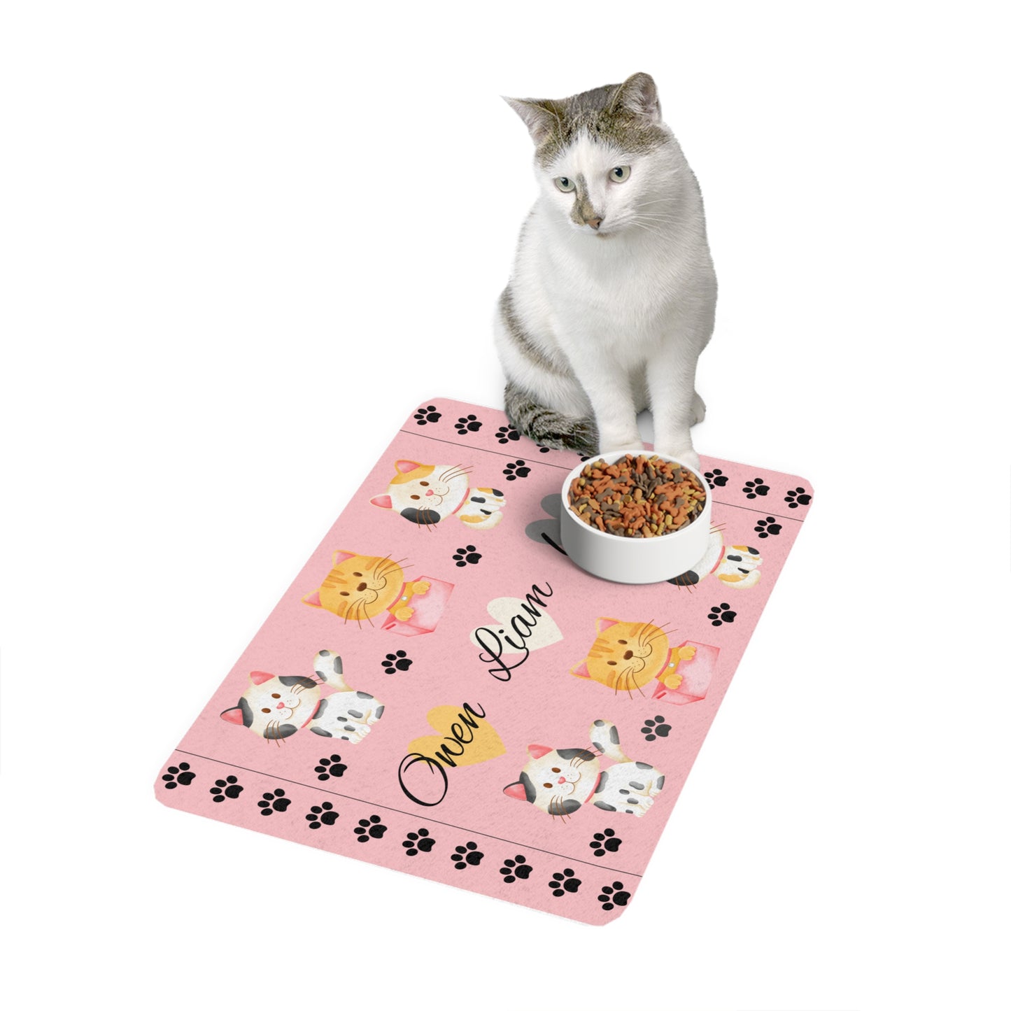 Personalized Pink Cat Paw Pet Food Mat — Custom Name Cat Placemat (12x18)