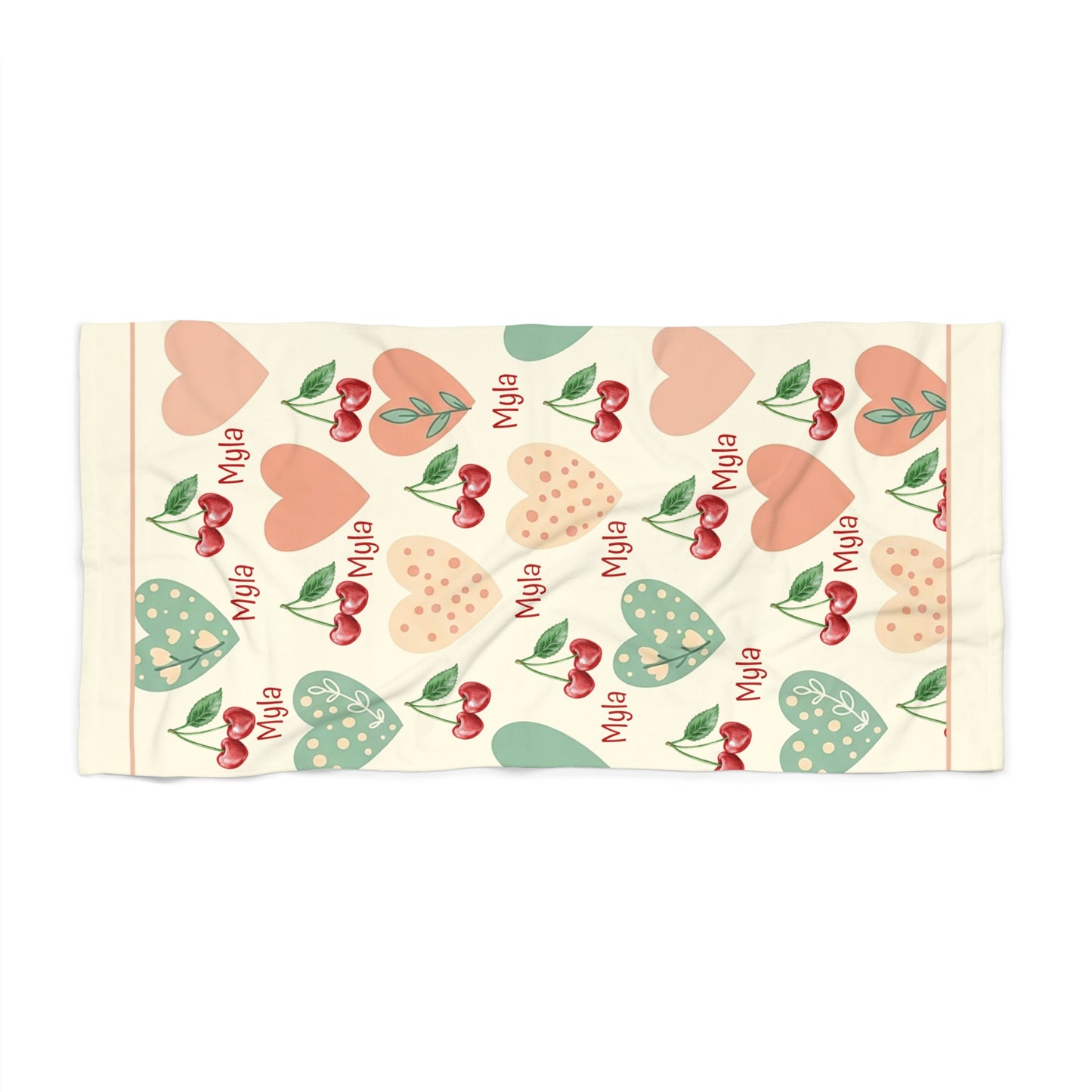 Personalized Cherry Heart Beach Towel — Custom Name "Myla" Pattern