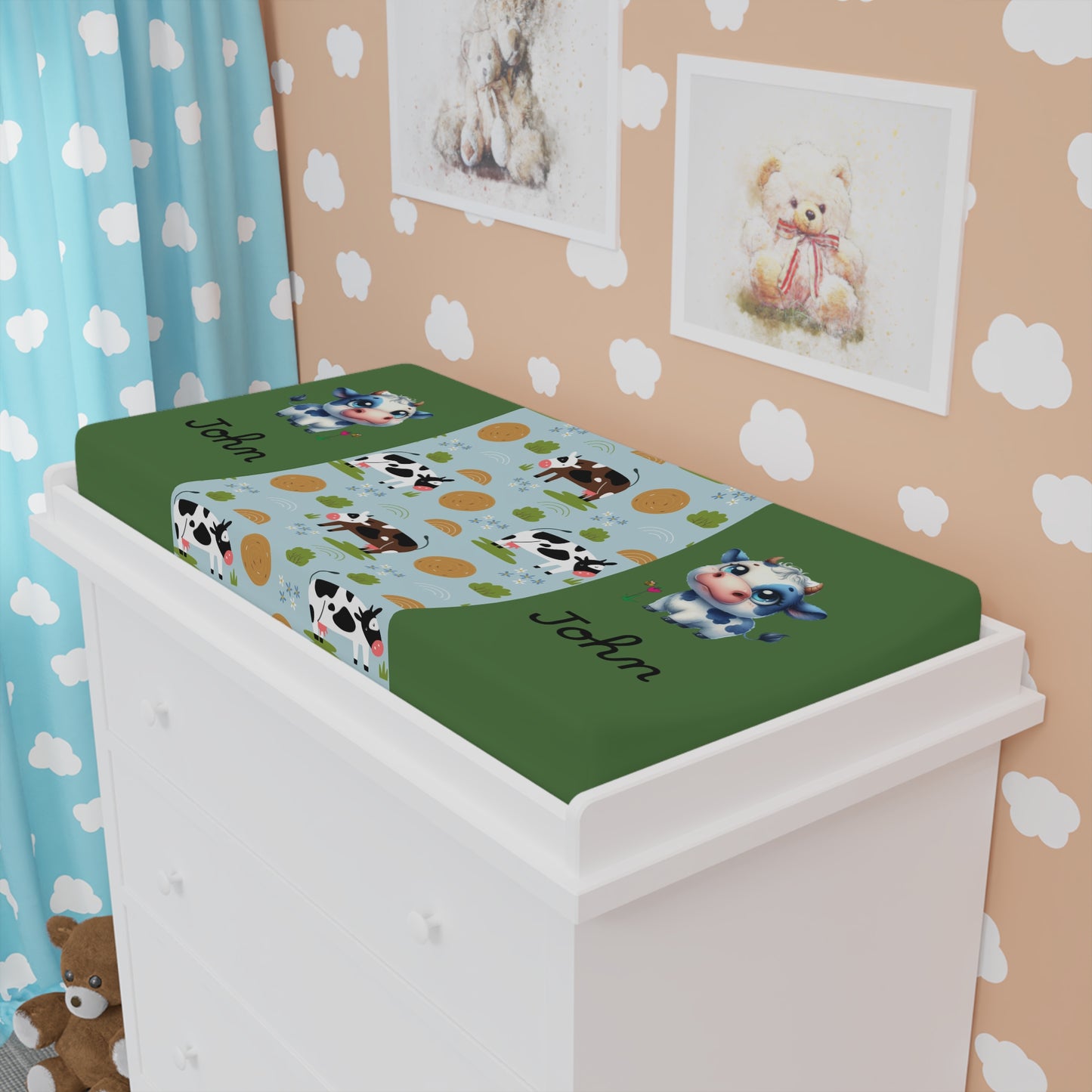 Personalized Cow Baby Changing Pad Cover — Green Farm Animal Nursery