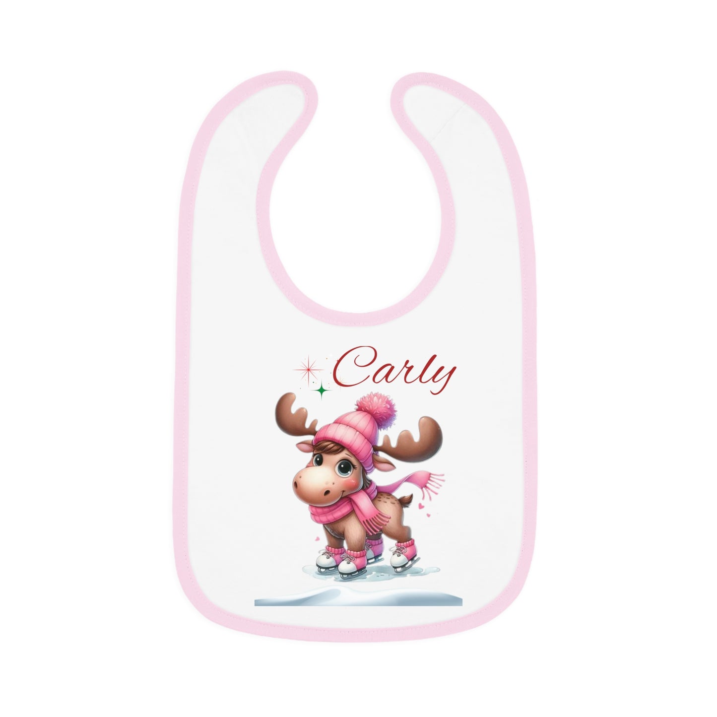 Personalized Baby Bib — Cute Ice Skating Moose with Name (Custom Carly)