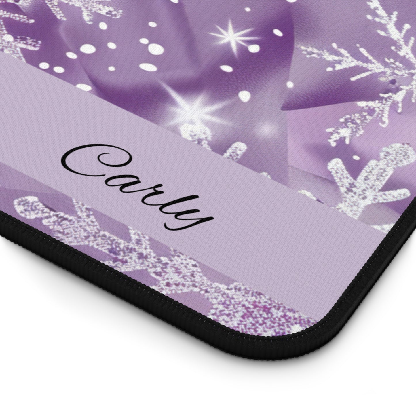 Personalized Snowflake Desk Mat, Custom Mouse Pad, Winter Office Decor, Holiday Gift, Purple Snowflakes