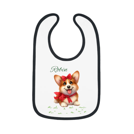 Personalized Corgi Baby Bib — Custom Name Contrast-Trim Jersey Bib