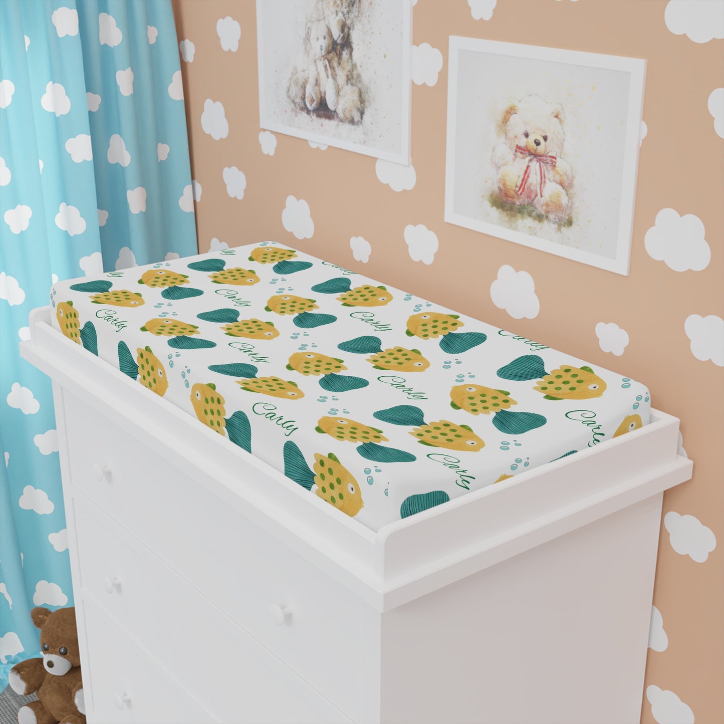 Yellow fish Changing Pad Cover — Yellow Green Strawberry Pattern