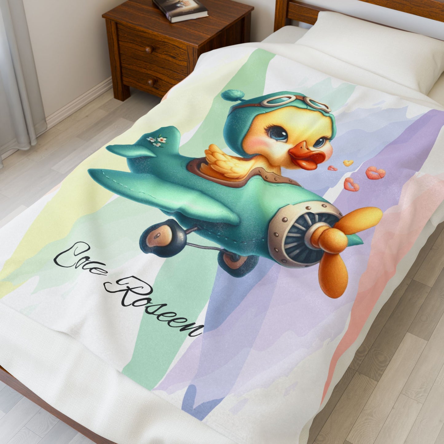 Cozy Velveteen Plush Blanket with Cute Duckling Airplane Design, Personalized Baby Gift, Nursery Decor, Kids Blanket, Baby Shower Present