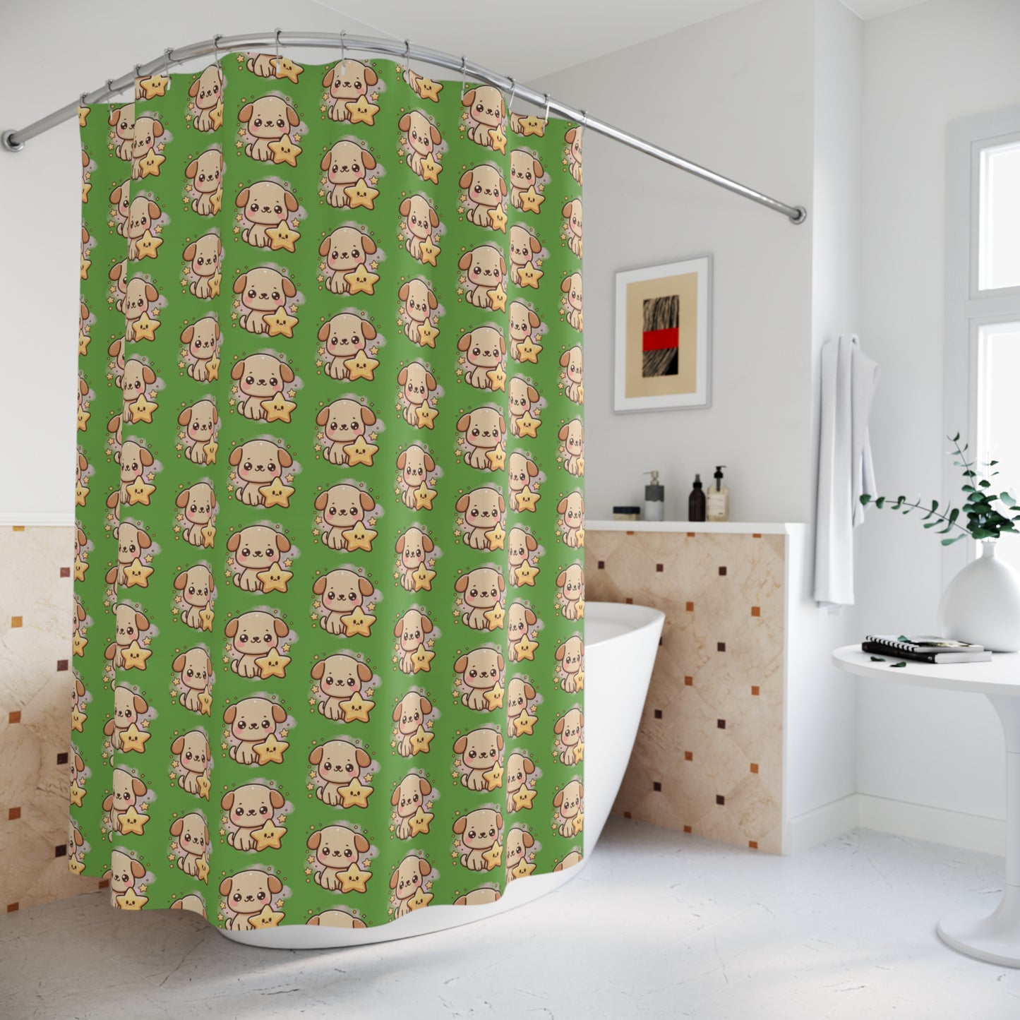 Cute Puppy Star Pattern Shower Curtain – Kawaii Dog Bathroom Decor