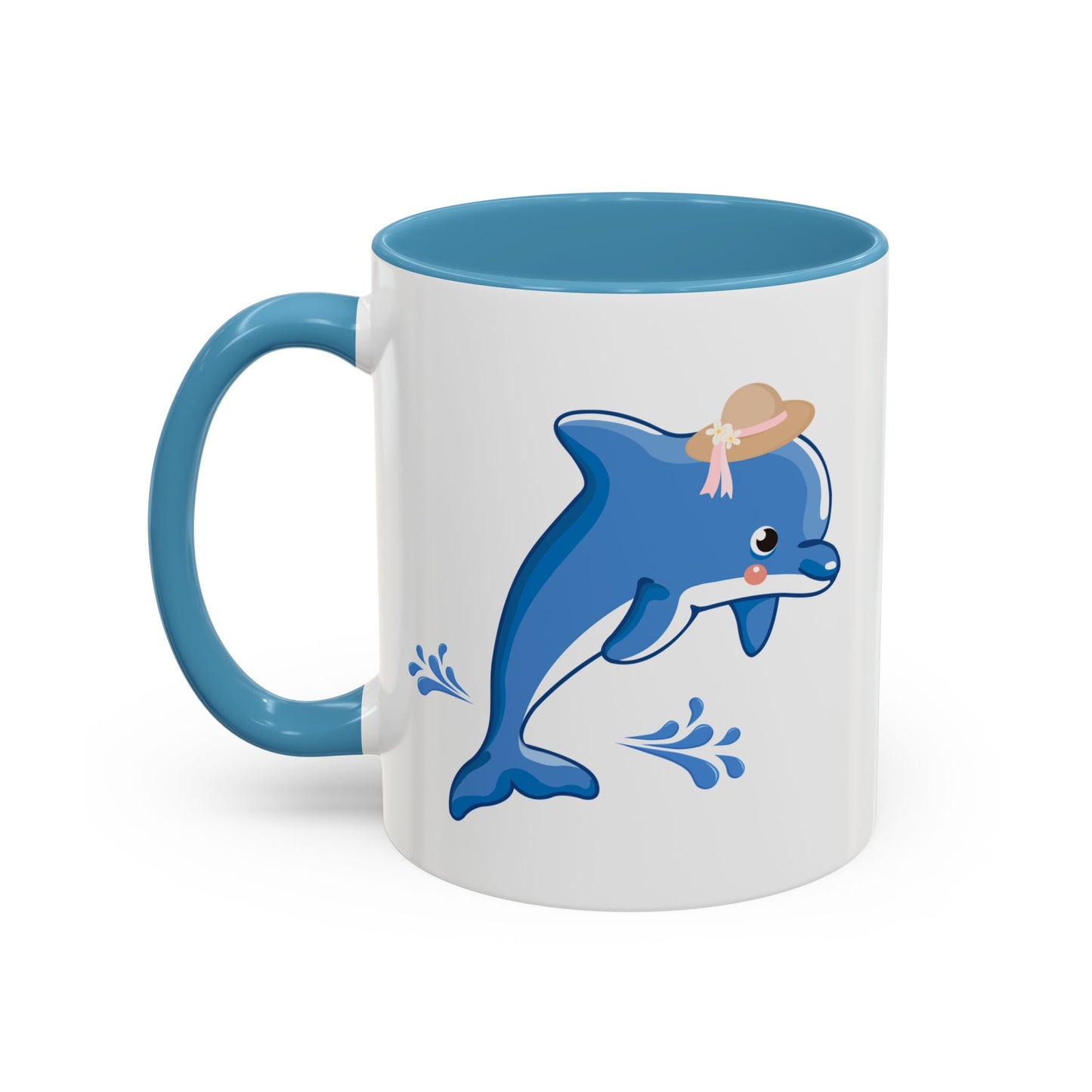 Dolphin wearing a straw hat with stylized water splashes Coffee Mug
