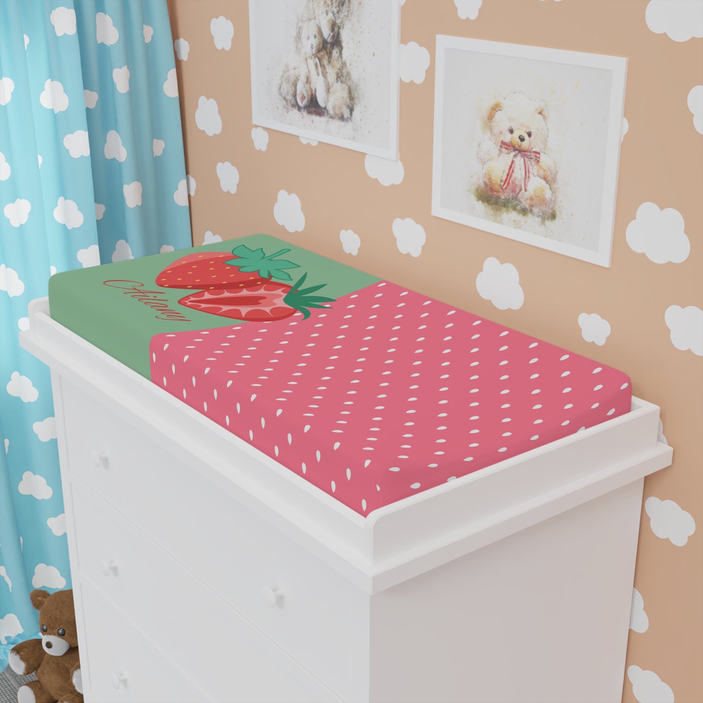 Strawberry Sweet Baby Changing Pad Cover — Pink Polka Dot Nursery Accessory