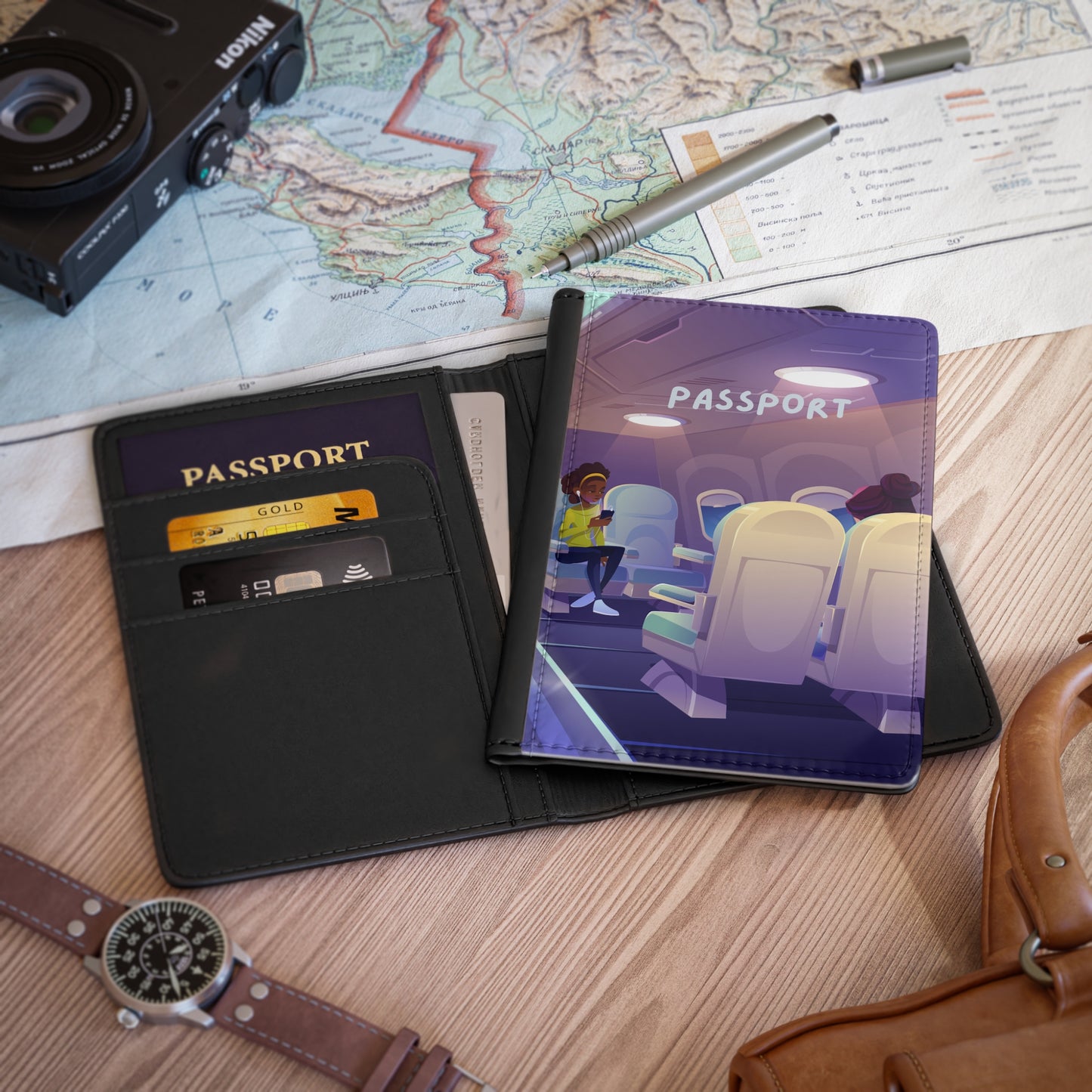Passport Cover — Airplane Interior Travel Passport Holder with 'PASSPORT' Text
