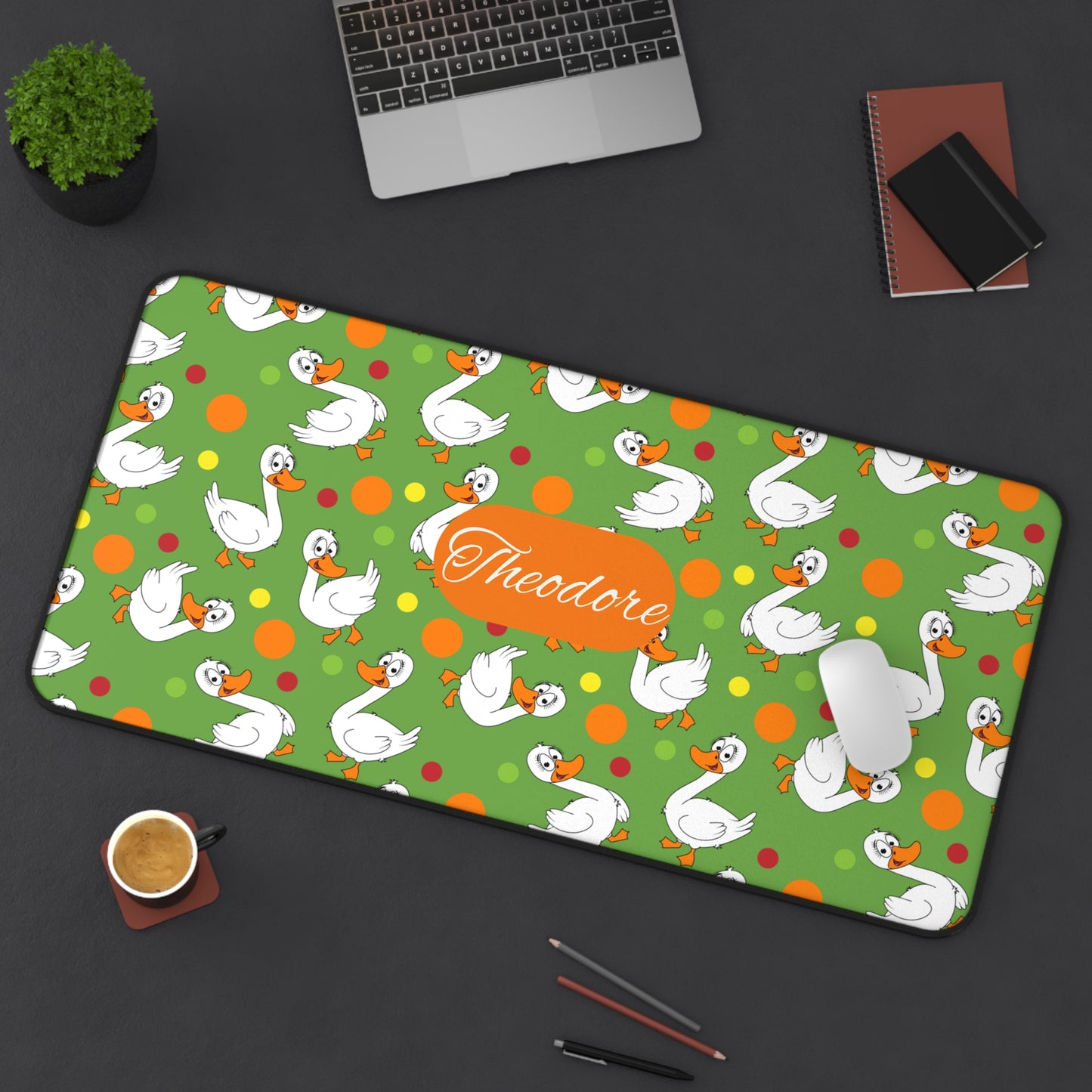 Swans & Dots Personalized Desk Mat — Custom Name Green Mouse Pad