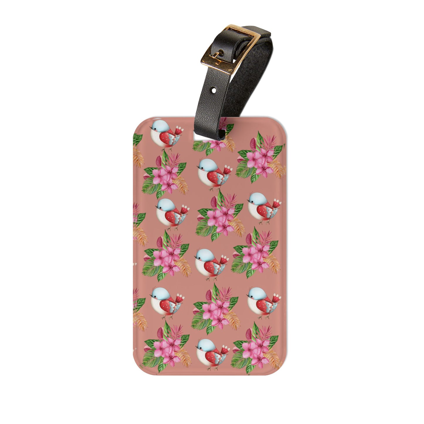 Floral Chickadee Luggage Tag — Cute Pink Bird & Blossom Travel ID
