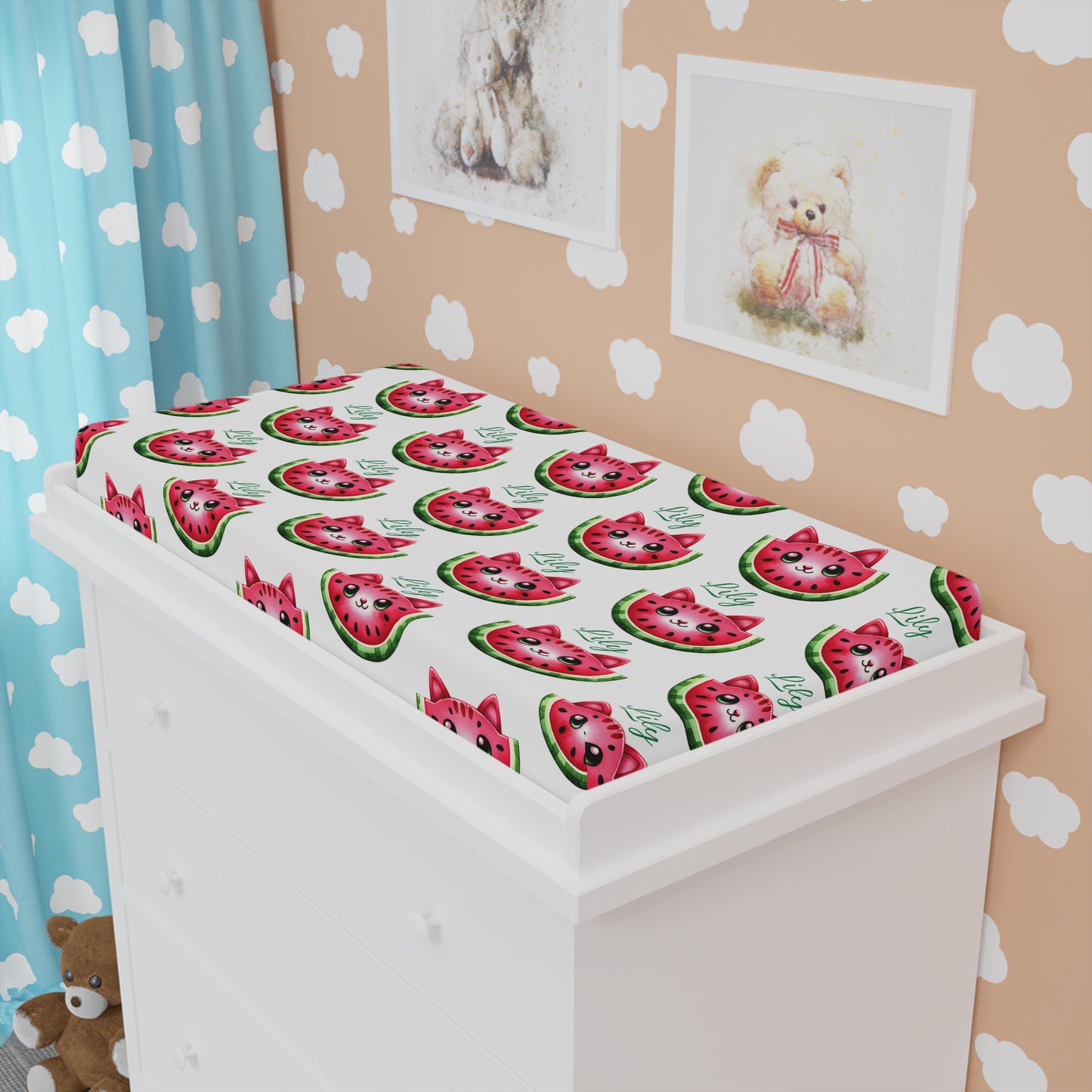 Changing Pad Cover — Cute Watermelon Cat Pattern, Baby Nursery Accessory