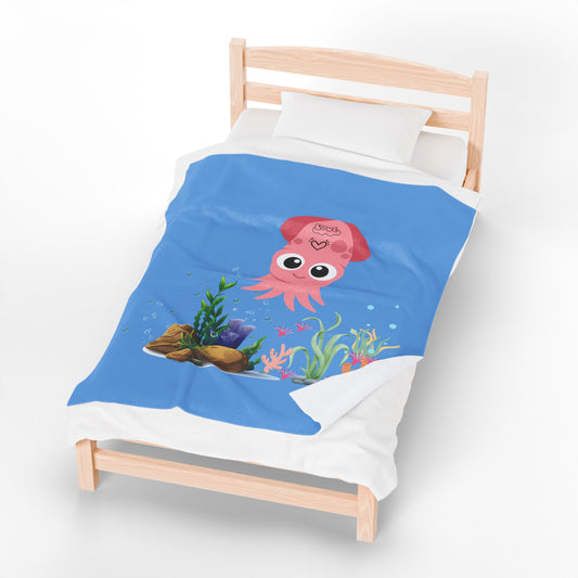 Pink squid cartoon with love Velveteen Plush Blanket